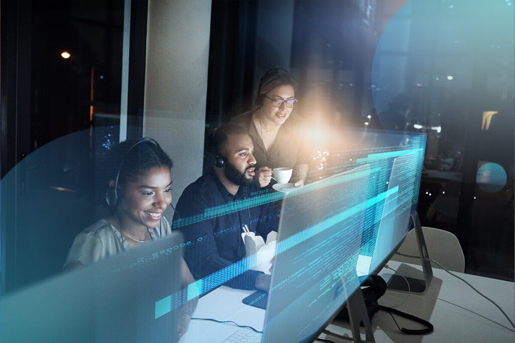 happy contact center workers collaborating